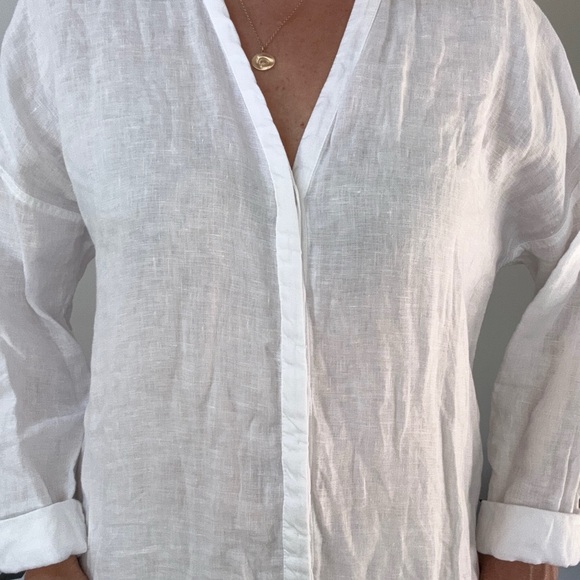 James Perse white v neck button front long sleeve linen jumpsuit sz 3 = Large - Picture 6 of 14